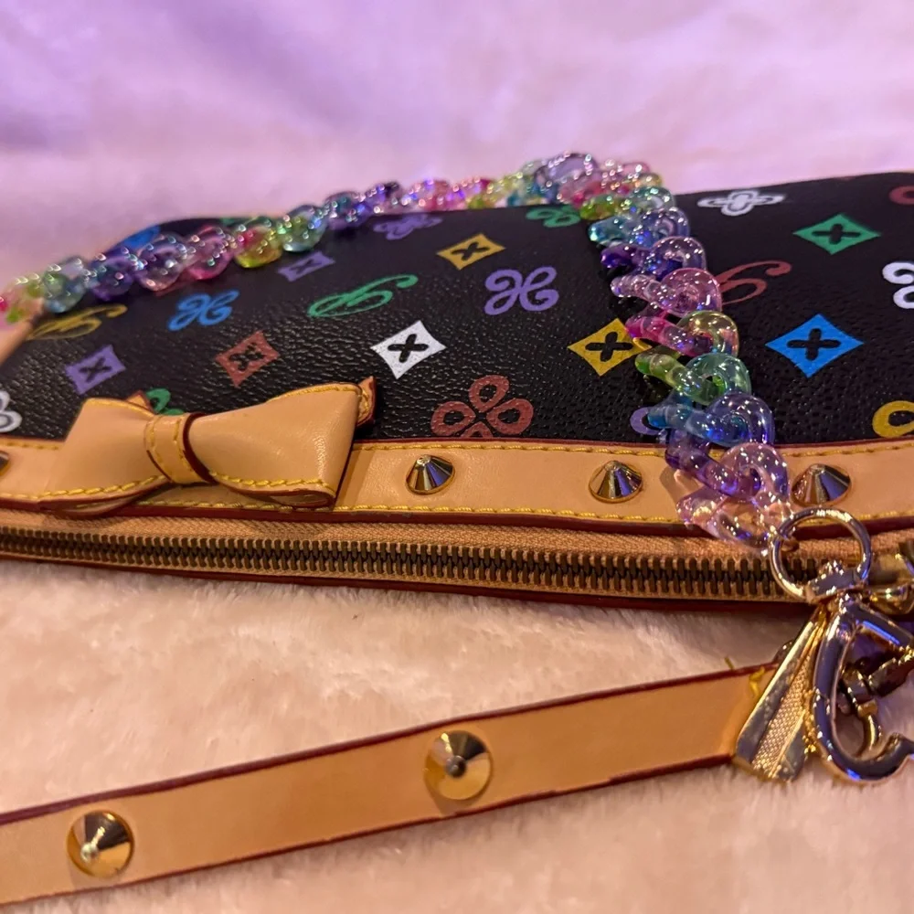 Black Multicolor Studded Monogram Shoulder Bag Tan Trim Bow Detail W Bag Chain! - Picture 8 of 12